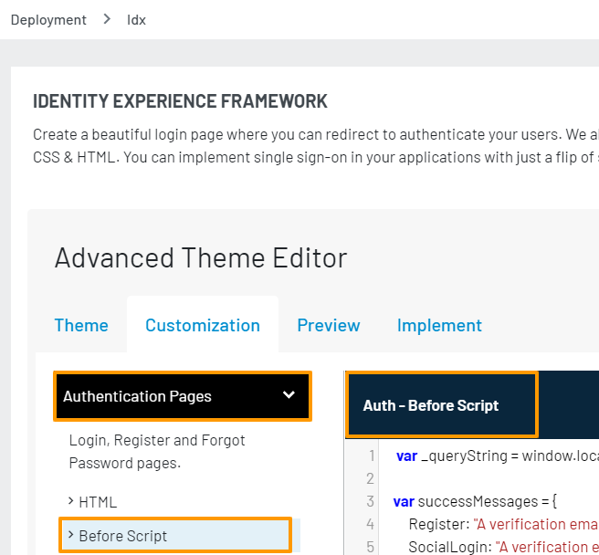 IDX auth page Before script